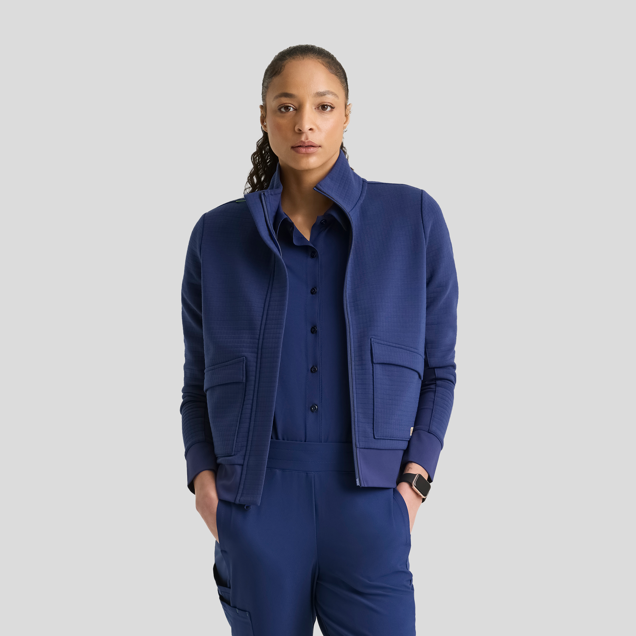 Regina 3 Pocket Mock V-Neck Zip Front Jacket | Navy