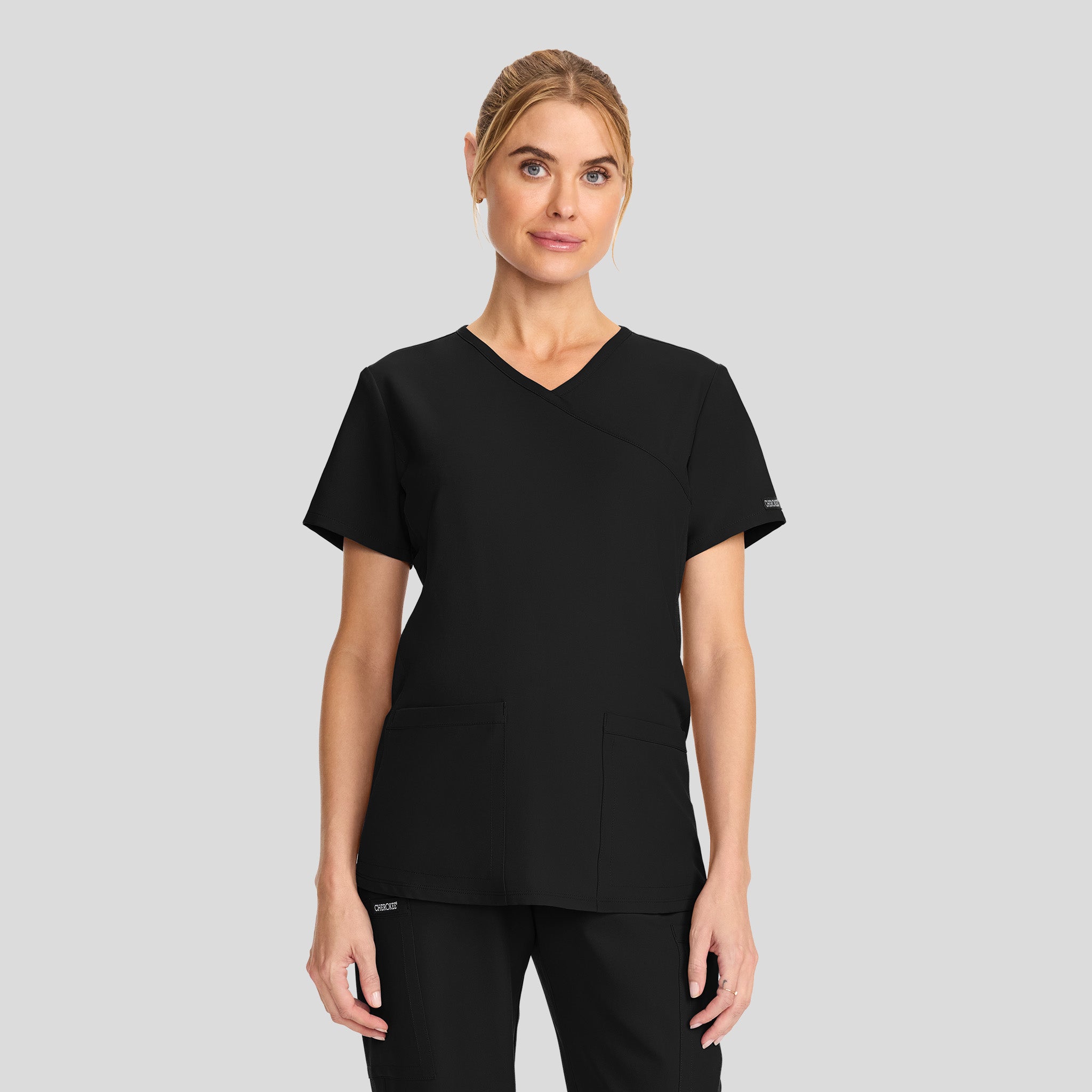 Maternity 2-Pocket Mock Wrap Scrub Top | Black