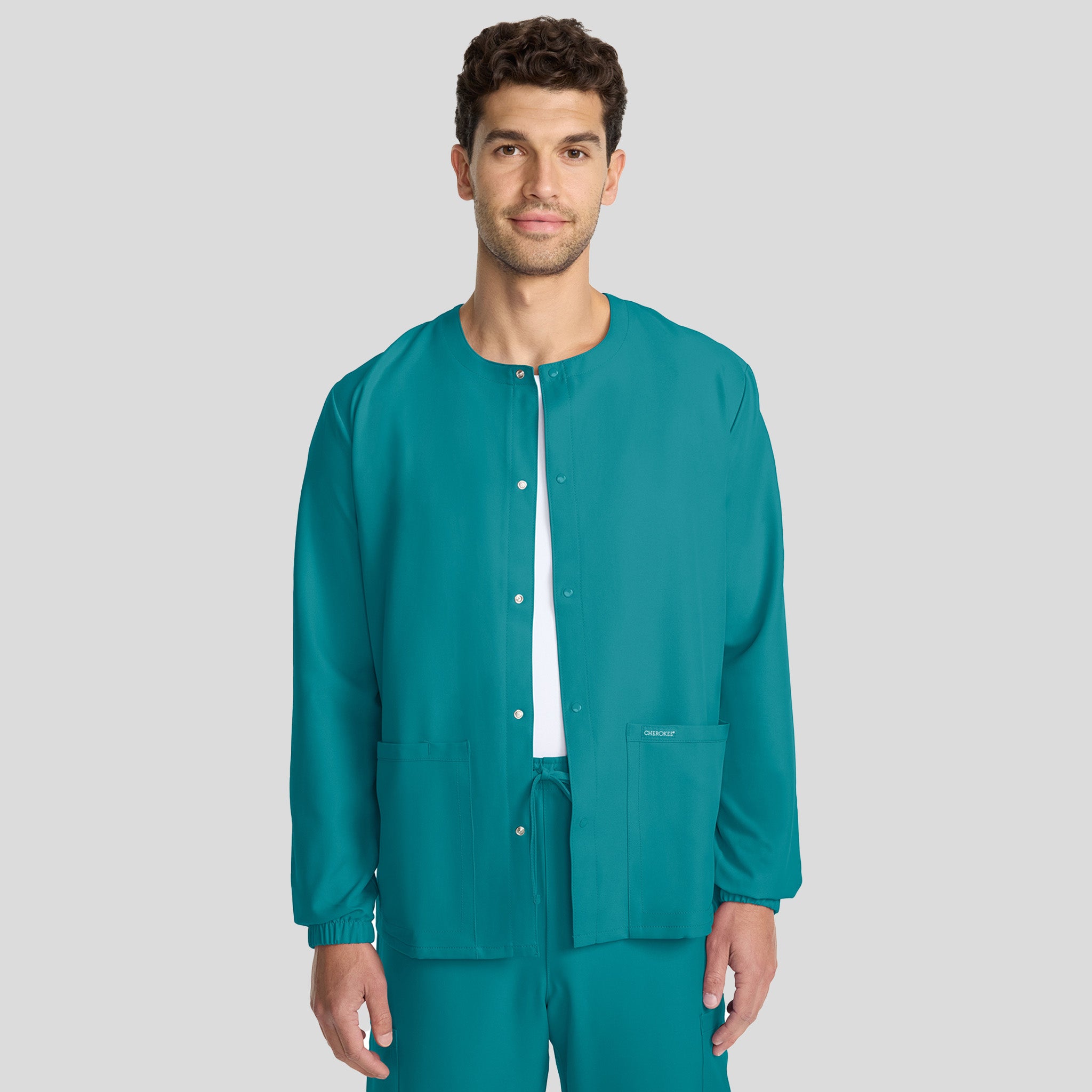 Unisex Snap-Front Crew Neck Scrub Jacket | Teal
