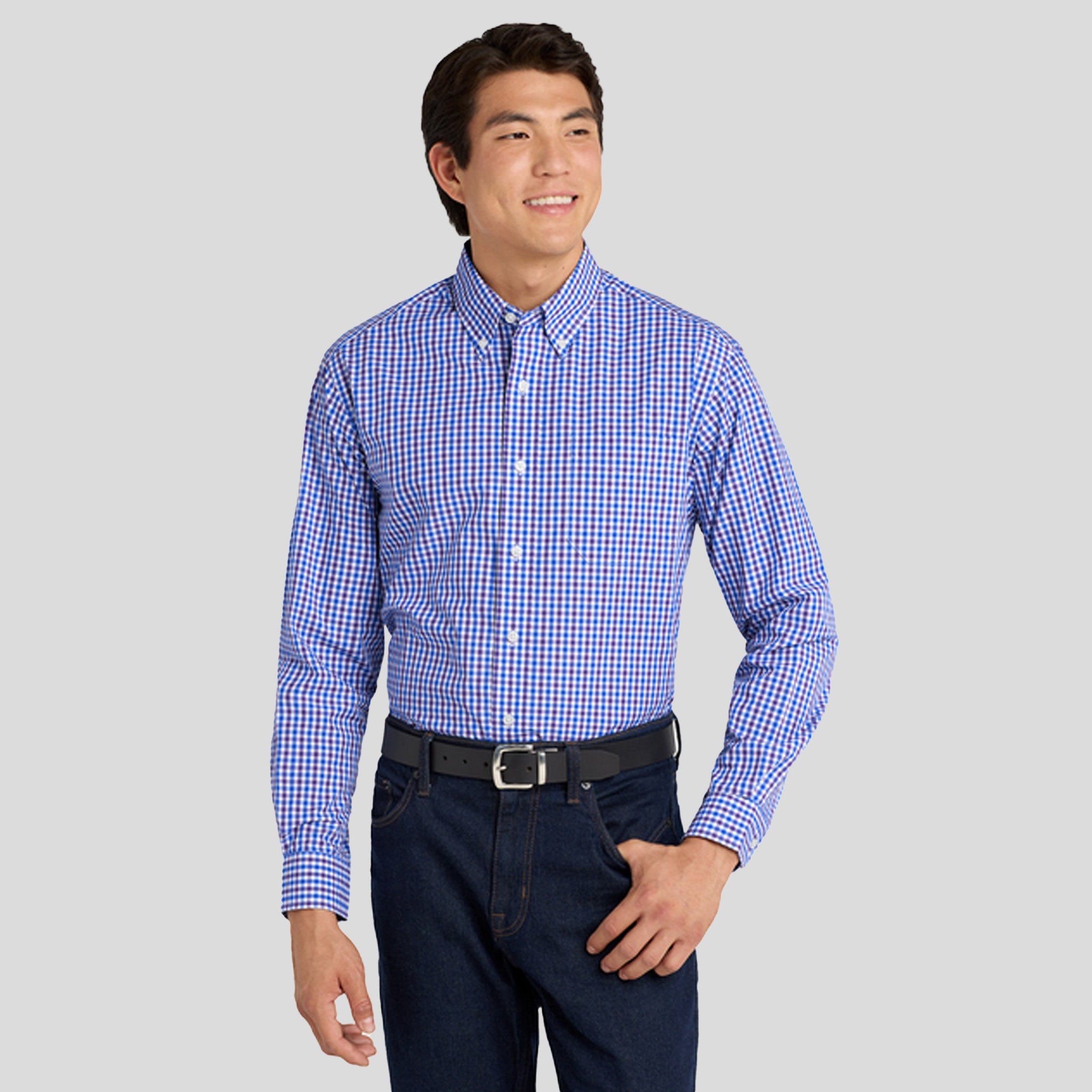 Long Sleeve Gingham Easy Care Shirt | Blue/Purple